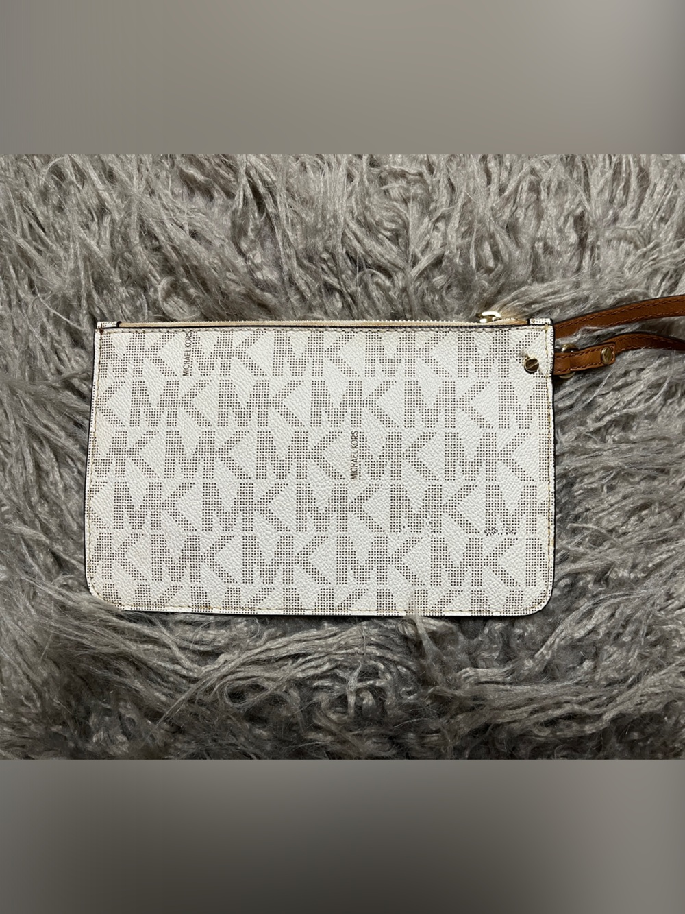 Michael Kors White Logo Wristlet with Tan Strap